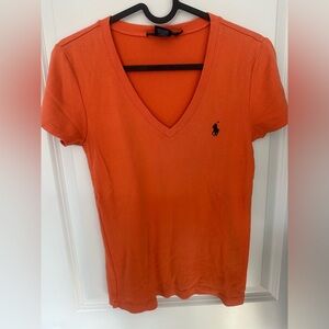 Ralph Lauren Orange V-Neck Short Sleeve Tee with Navy Pony